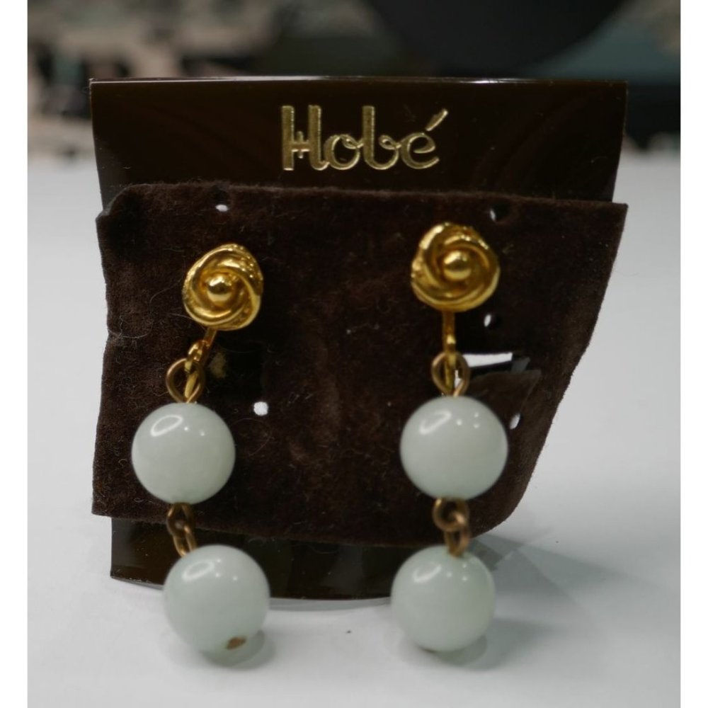Signed Hobe Pale Green Gemstone Earrings On Original Card